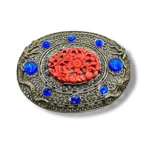Vintage Little Nemo Faux Cinnabar Filigree Floral Dragons Blue Rhinestone Brooch